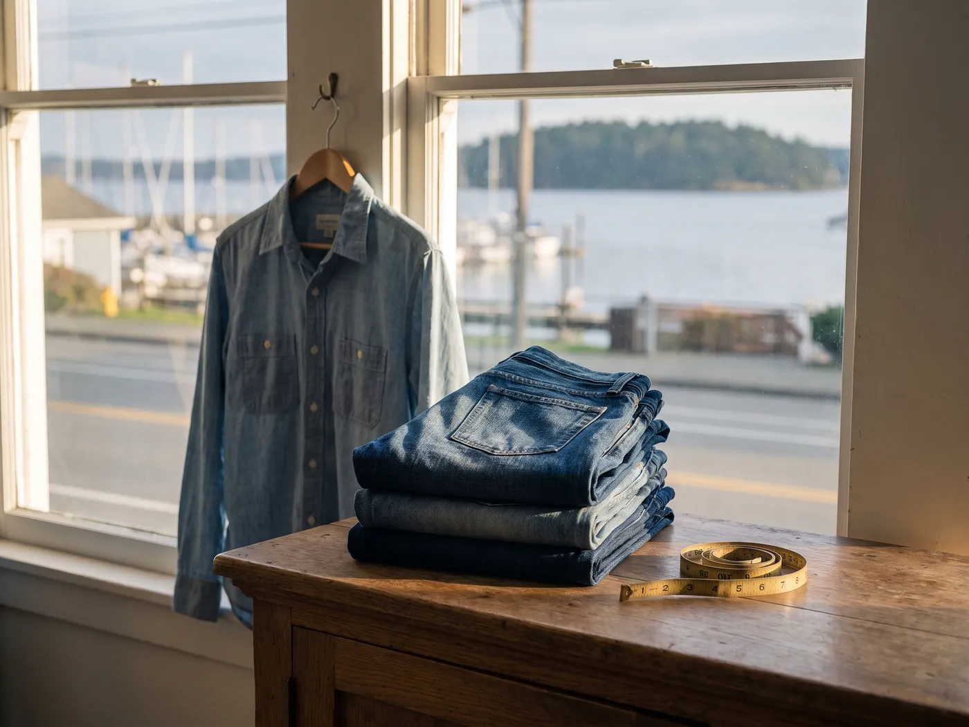 Folded jeans and a chambray shirt on a wooden counter by a window over a harbour, for the Cottons and Blues build by Tomorrow Studios