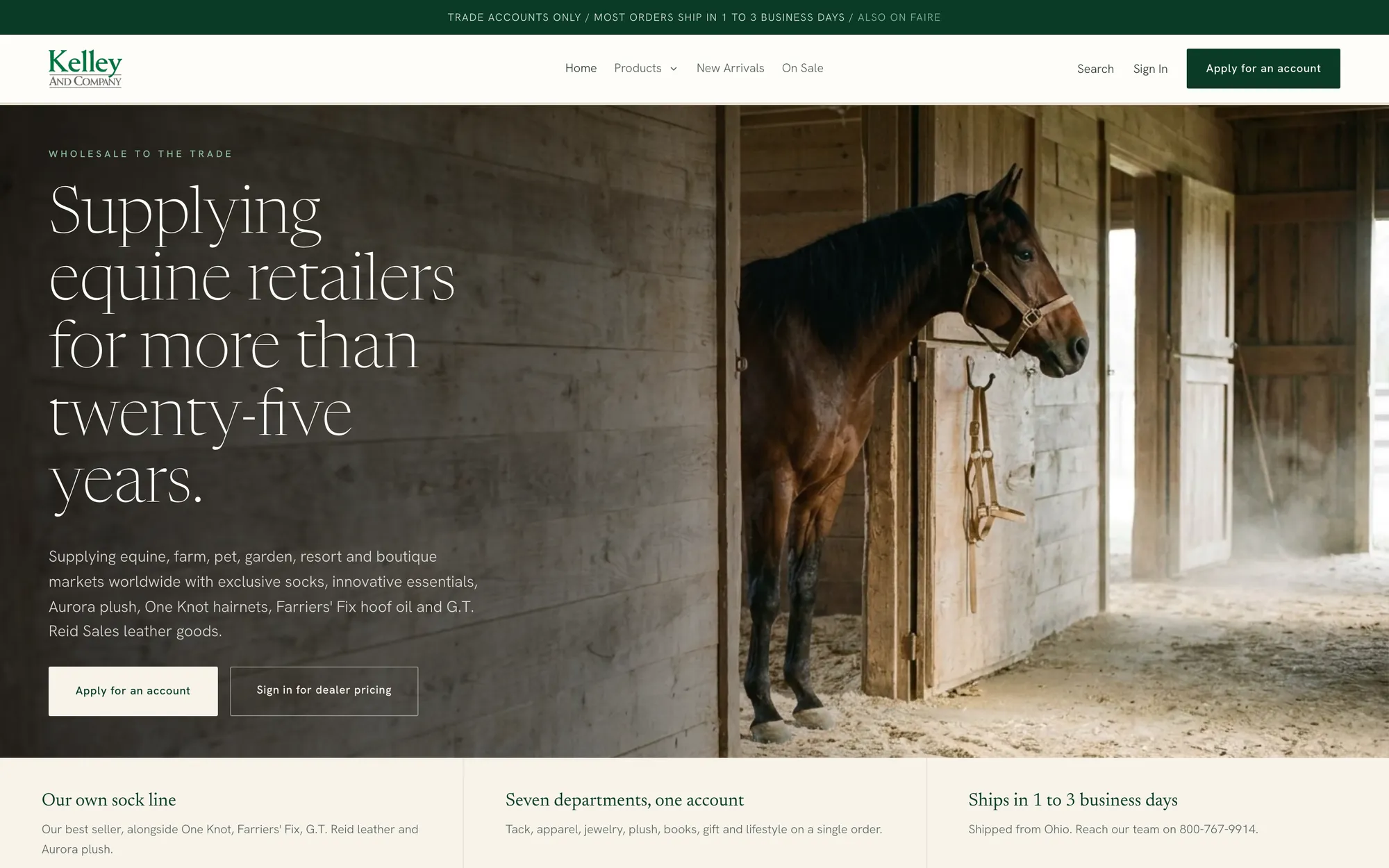 Kelley and Company homepage on the new Shopify storefront