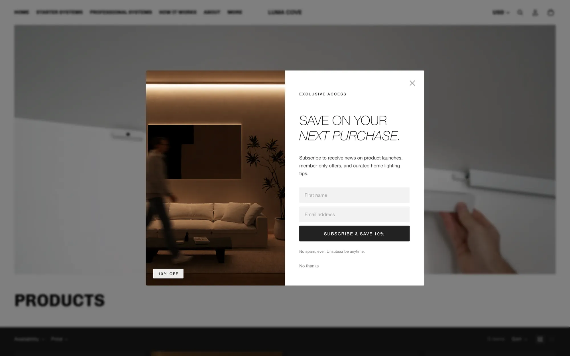 LumaCove product catalogue on Shopify
