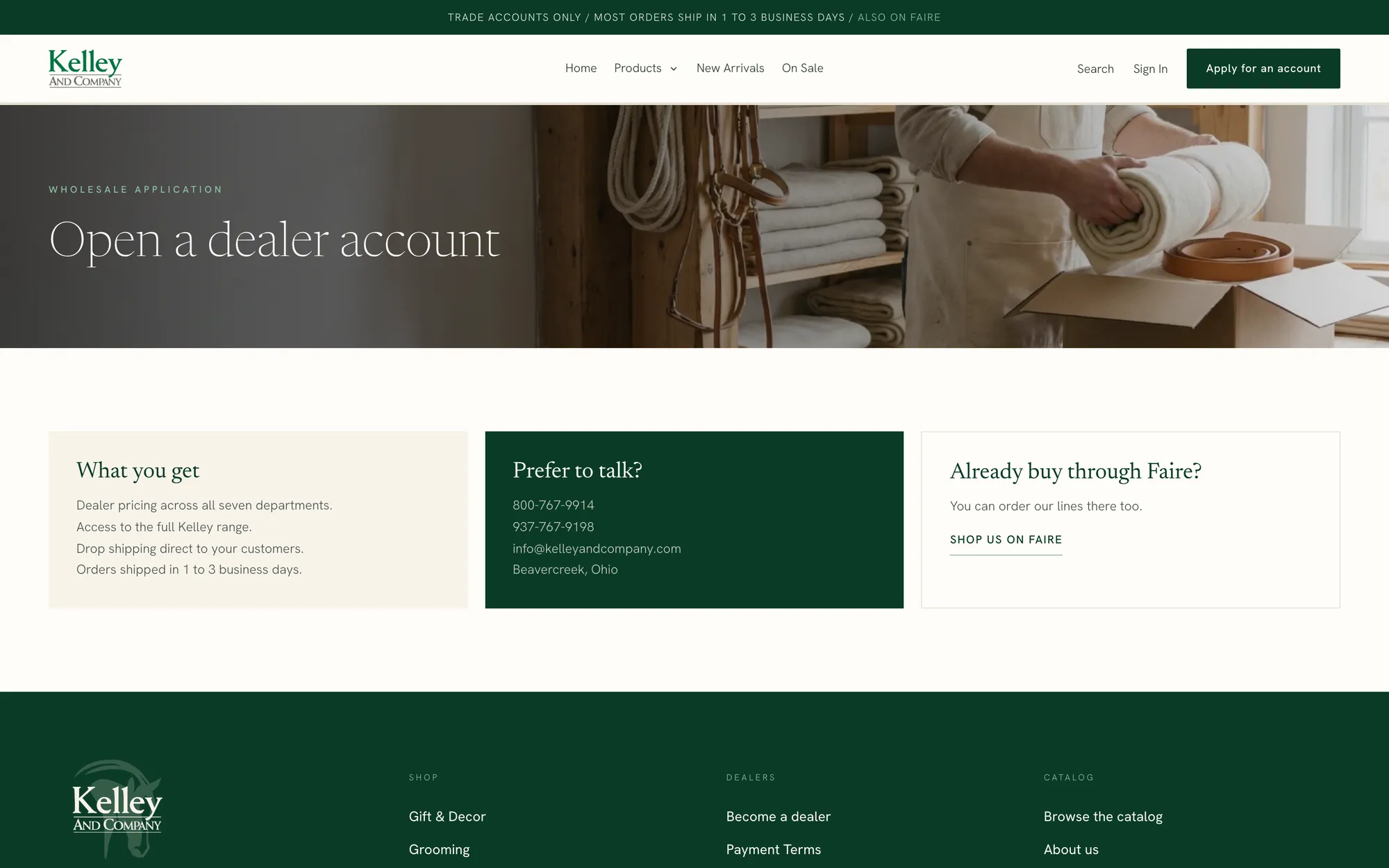 Kelley and Company wholesale dealer application page on Shopify