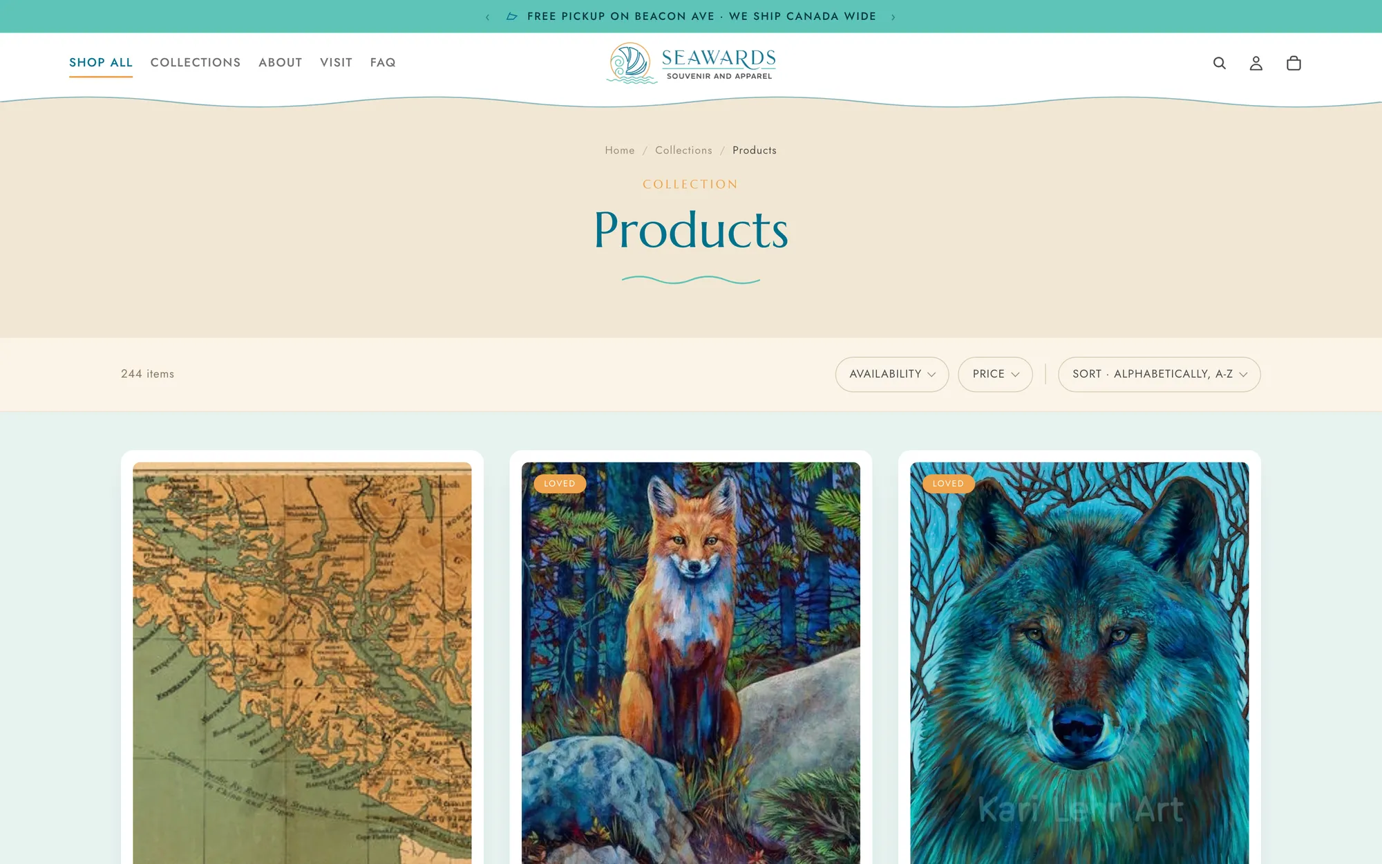 Seawards product catalogue on Shopify