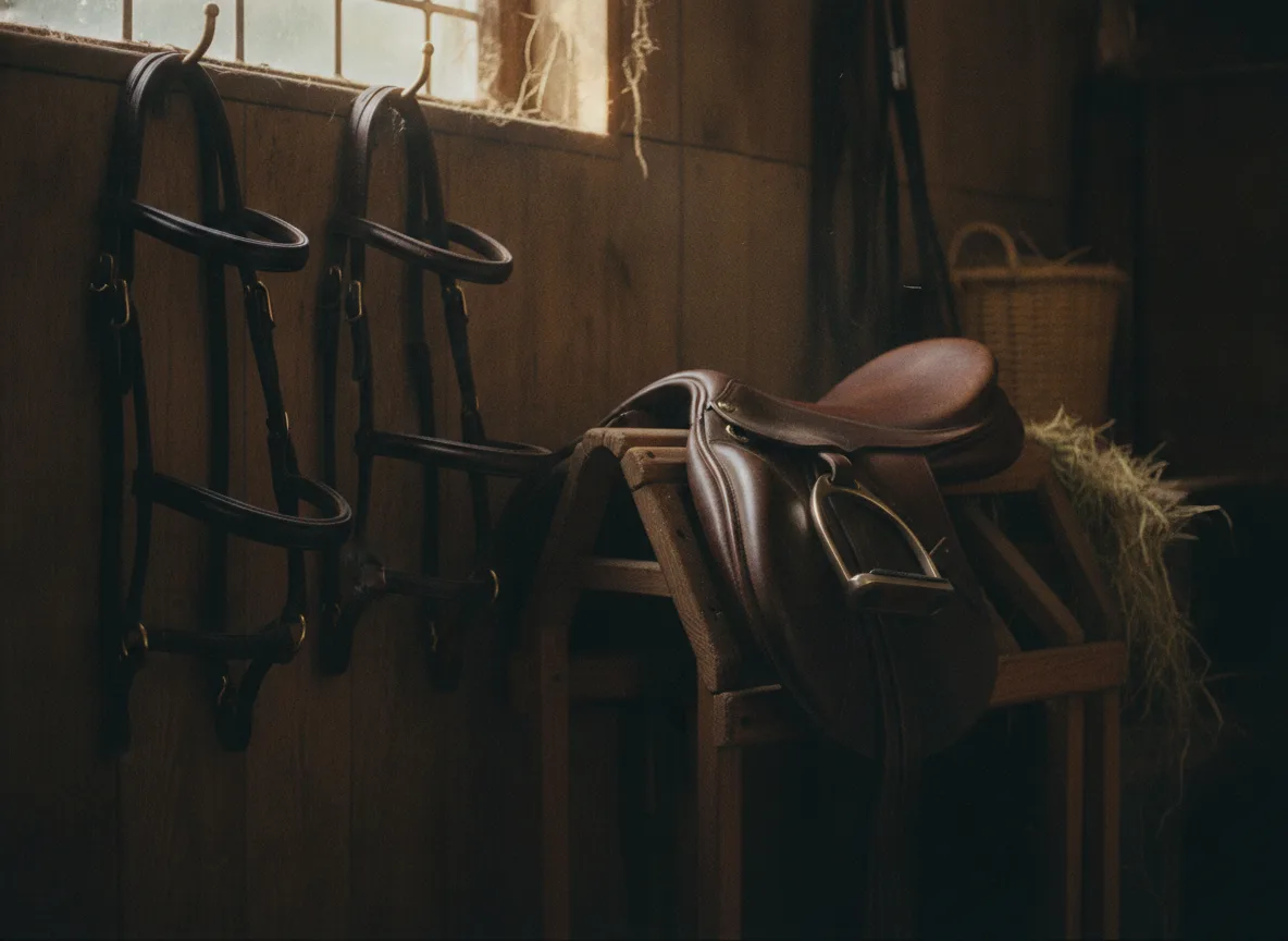 Leather bridles and a saddle in a tack room, for the Kelley and Company build by Tomorrow Studios