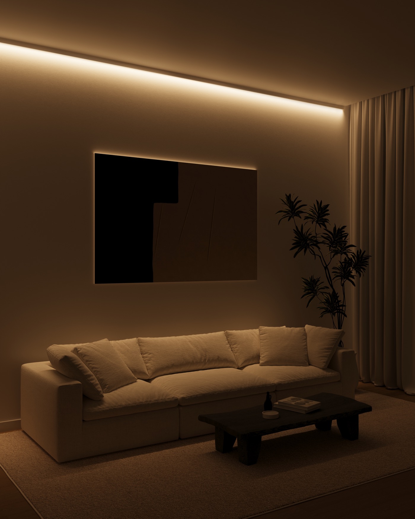 LumaCove living room with warm cove lighting, a Wix to Shopify migration by Tomorrow Studios